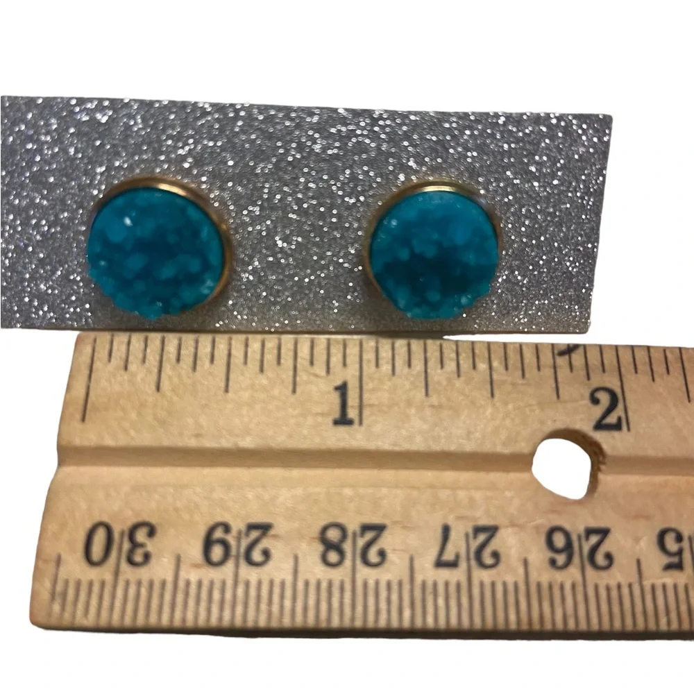 Blue Drusy Druzy Quartz Stud Pierced Earrings Gold tone halo Womens Jewelry